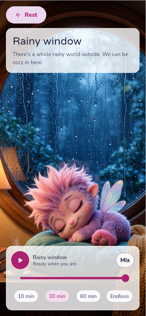 Rainy window sound world: Moombee sleeps by a rainy window with a sleep timer