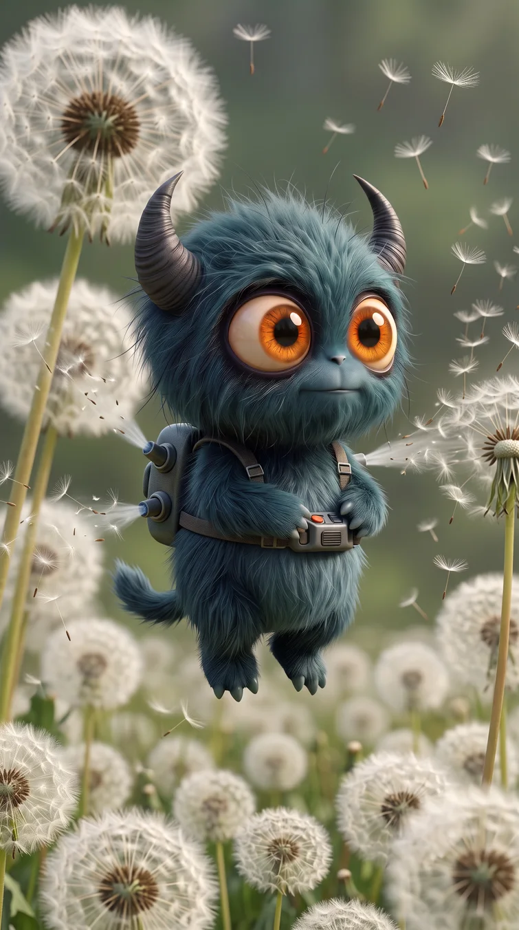 Tim, a small blue-grey fluffy creature with curved horns and big amber eyes, floats among dandelions